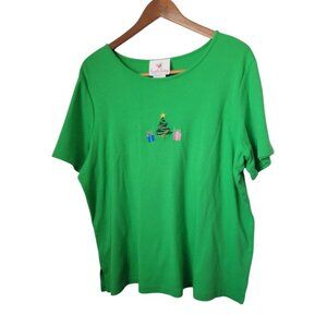 Women's Quaker Factory XL Green Holiday Christmas Tee T-Shirt